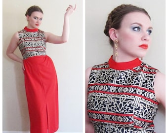 Vintage 1970s Red and Gold Maxi Dress / 70s Sleeveless Evening Gown Metallic Brocade Glam Party Dress Royal Queen / Medium