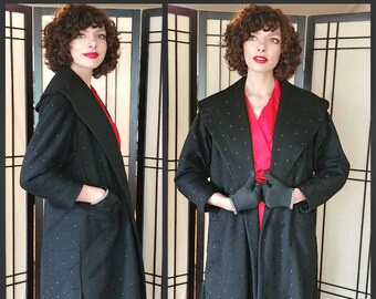 50s Black Wool Swing Coat Polkadot Texture