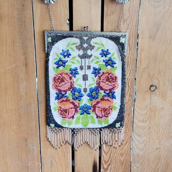 Antique Glass Bead Bag Edwardian Purse Floral Rose Pattern
