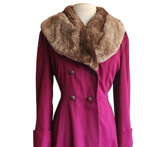 Vintage 1940s Purple Wool Princess Coat Sheared Beaver Fur Collar Double Breasted
