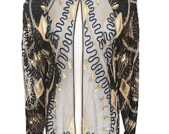 Vintage 80s Tan Chho Duster Sheer Coat Beaded Sequined Embroidered Evening Jacket Black Gold