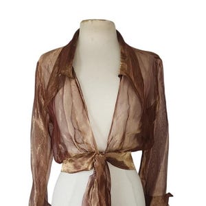 Giacca camicetta in organza trasparente vintage anni &#39;90 con cintura color rame
