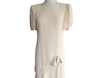 Vintage 80s Cream Lace Dress 20s Flapper Style