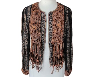 Vintage jaren 90 Sandy Starkman boho gehaakte jas met franjes, kunst om te dragen