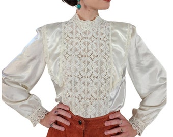 Vintage 80s Cream Blouse Neo Edwardian Lacy Shirt