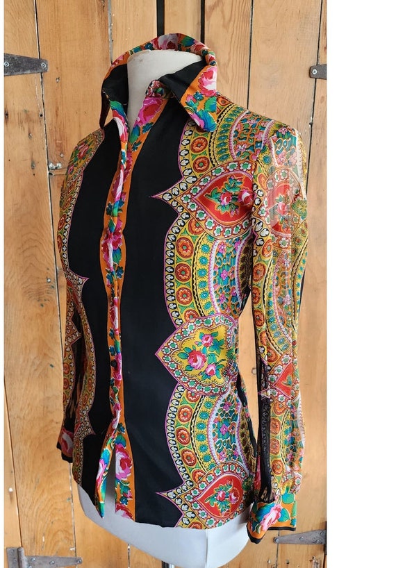 Vintage 70s Psychedelic Blouse Black Gold Button … - image 5