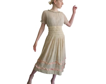 Vintage 1930s Cream Silk Dress Lace & Rhinestone Embroidery