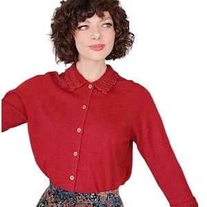 Vintage 50s Cranberry Red Wool Cardigan by Glasgo