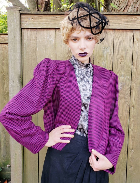 1980s Purple Wool Cropped Blazer / 80s Big Shoulde