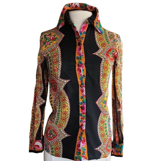 Vintage 70s Psychedelic Blouse Black Gold Button … - image 1