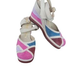 Vintage 70er 80er Jahre Patchwork Wildleder Sandalen Keilabsatz Schuhe Bunt Riemchen
