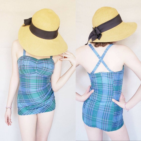 1950s Blue Plaid Cotton Print Swimsuit / 50s Maill