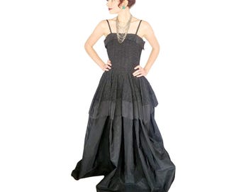 Vintage 1940s Black Evening Dress Crinkled Taffeta Sleeveless / M