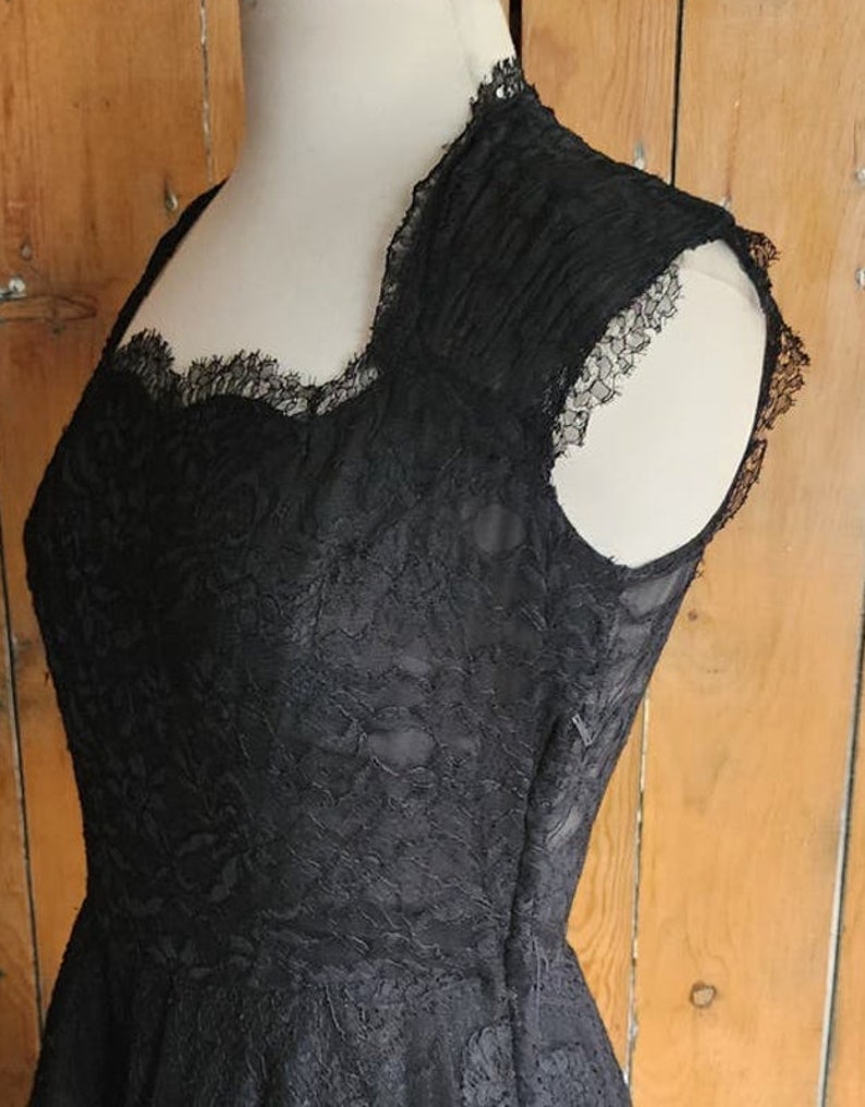 Vintage 50s Black Party Dress Tulle Lace Rhinestones M image 3