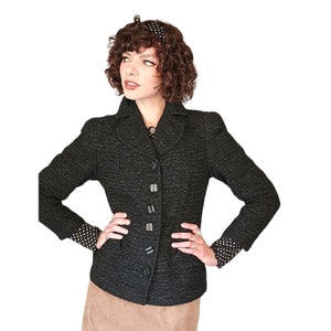 Vintage 40s Black Blazer in Nubby Wool Shiny Buttons / S image 1