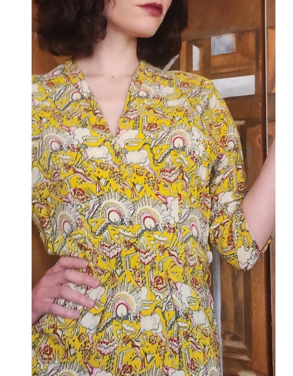 Vintage 40s Yellow Rayon Novelty Print Midi Dress… - image 5