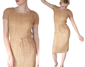 Vintage 50s Ribbon Lace Dress Helen Barbieri Beige Peach