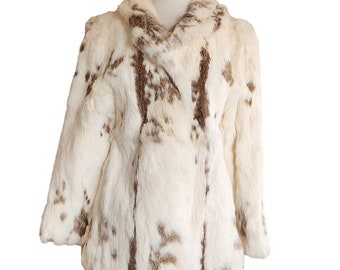 Vintage 70s Rabbit Fur Jacket White Brown Mottled Pattern