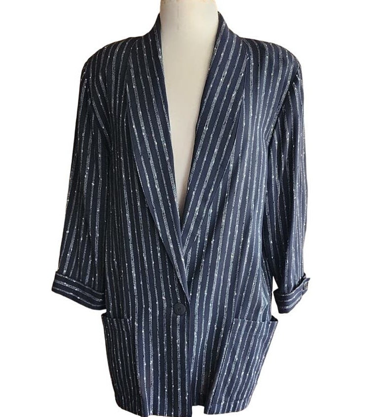 Vintage Aprons, Retro Aprons, Old Fashioned Aprons & Patterns Vintage 80S Blazer Black Pinstripe Print By Mitchell $45.00 AT vintagedancer.com