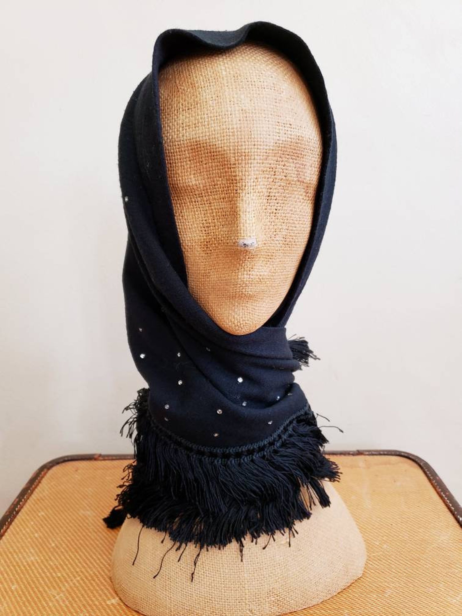 1940s Black Wool Fringed Head Scarf Rhinestones 40s Shawl Etsy