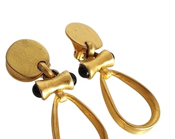 Vintage Gold and Black Teardrop Clip-On Earrings 80s 90s Etruscan Revival
