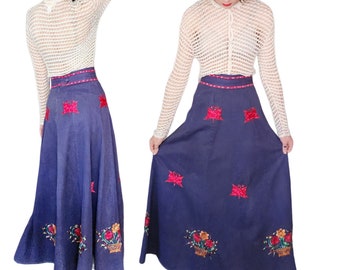 Vintage 70s Dark Denim Long Skirt Red Butterfly Embroidery India S. Kumar