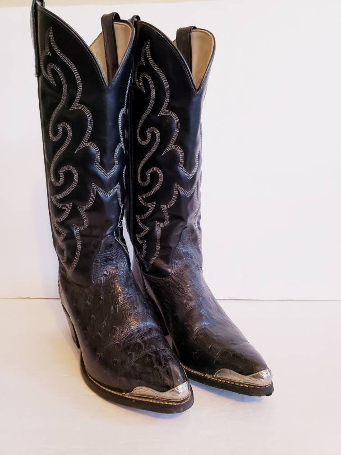 Vintage Black Tooled Leather Ostrich Cowboy Boots by Texas / | Etsy