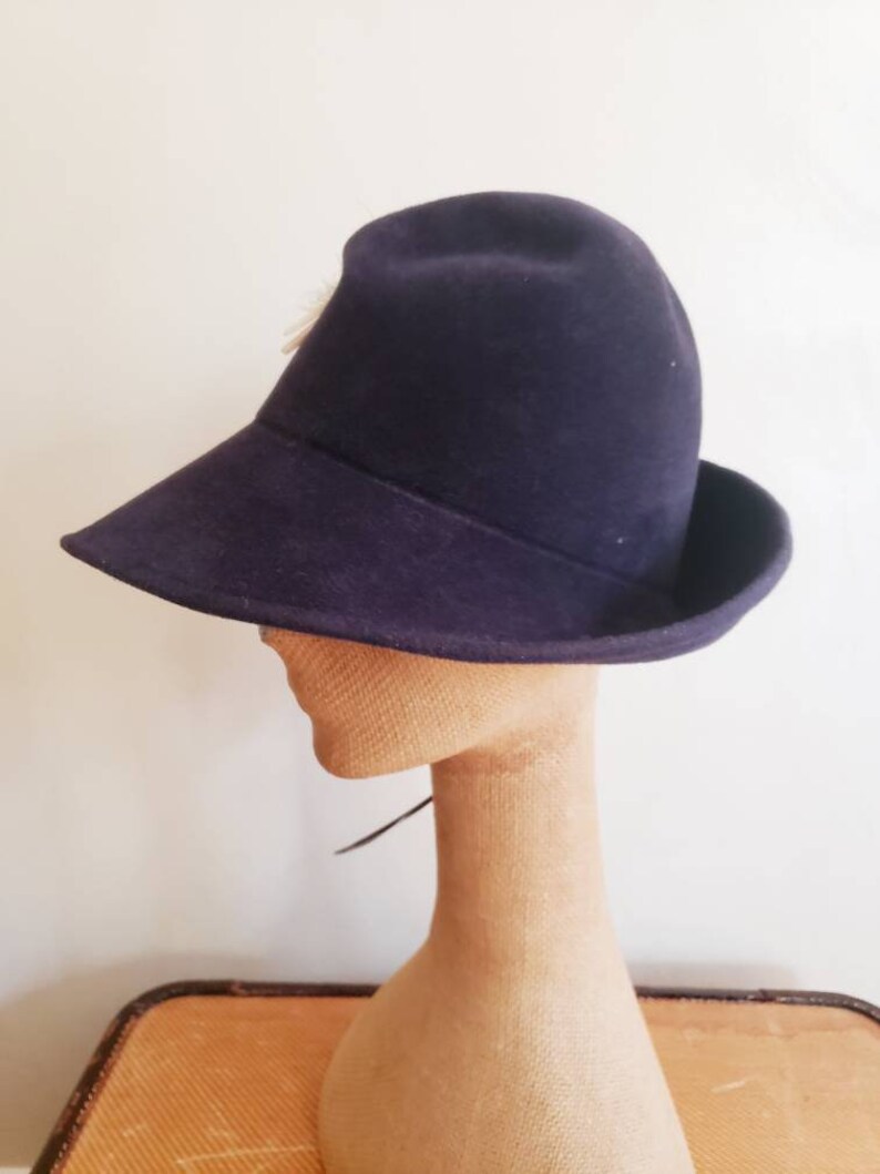 1970s Fedora Navy Blue Wool Large Brown Feather 70s Boho Style Wide Brimmed Hat Marshall Field Candace