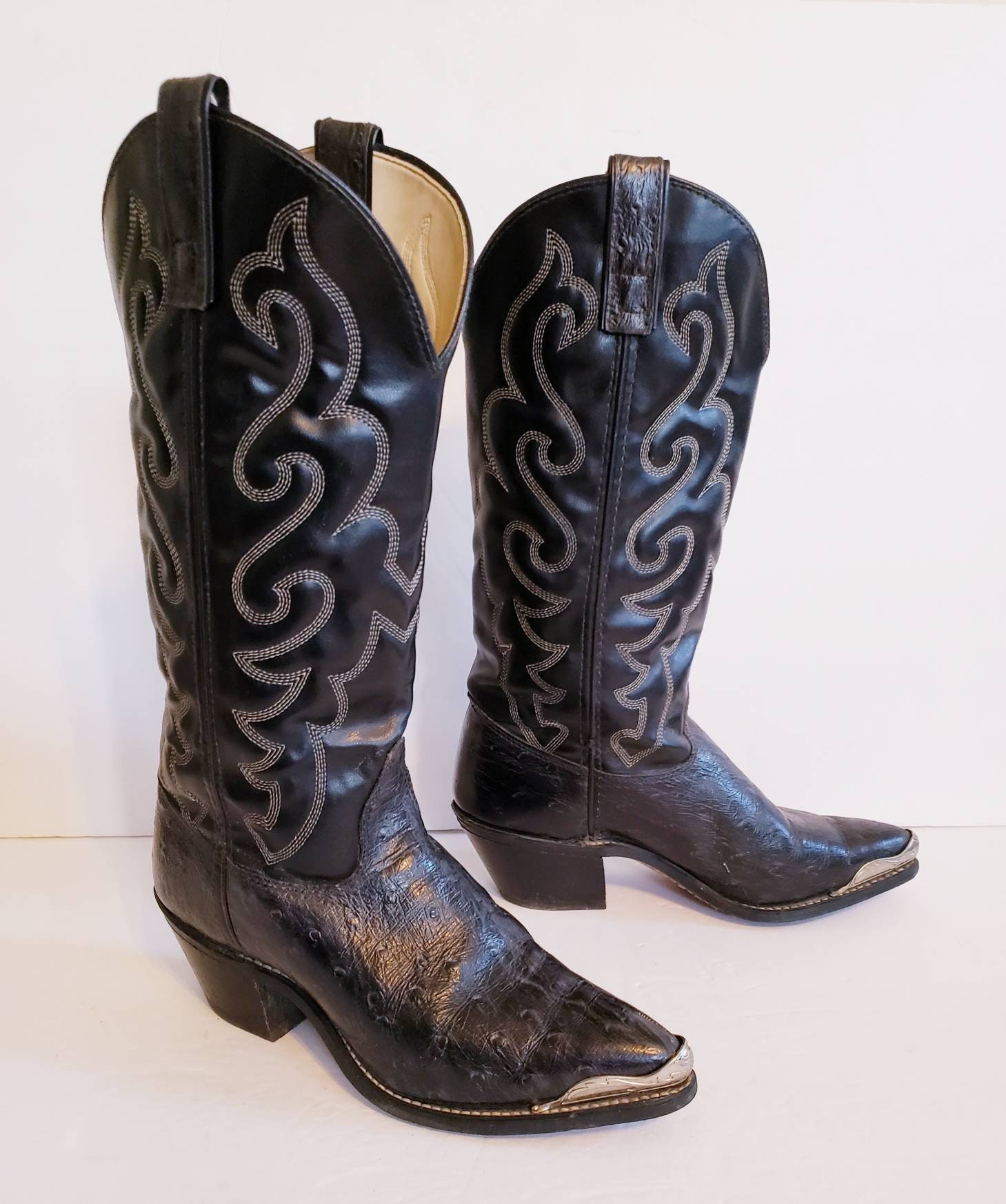 Vintage Black Tooled Leather Ostrich Cowboy Boots by Texas / | Etsy