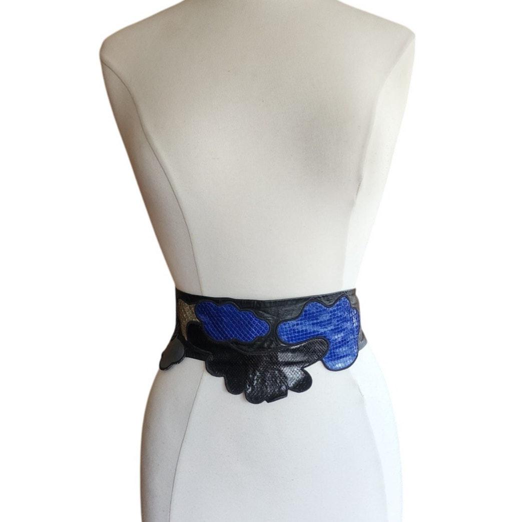 Vintage 80s Belt Snakeskin Leather Blue Beige Black Sash Tie