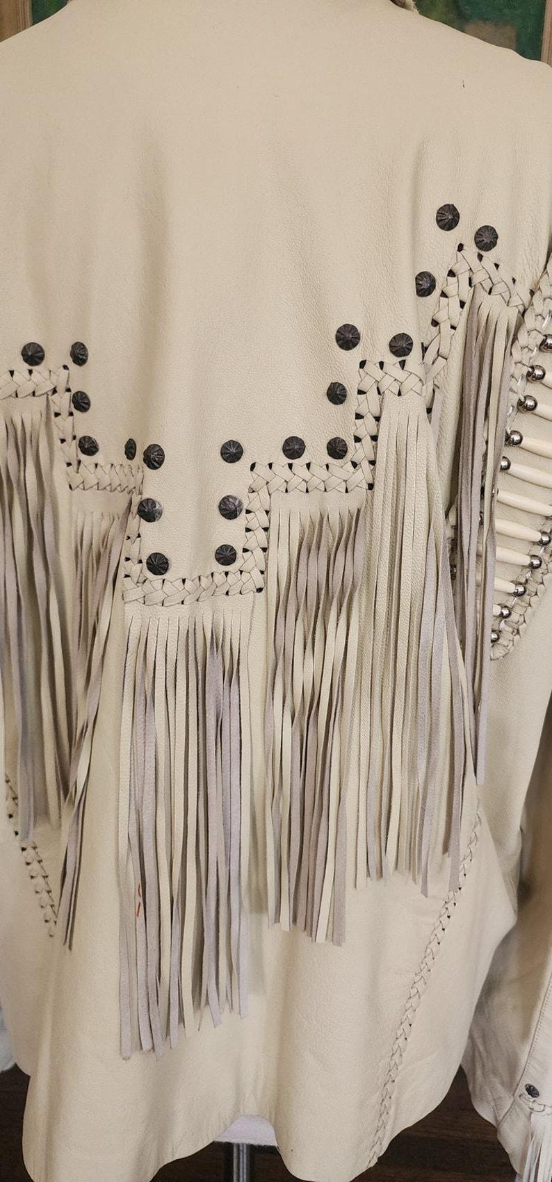 Vintage 80s White Leather Jacket SUNRIDERS Fringe, Studs & Bone Beads XXL image 12