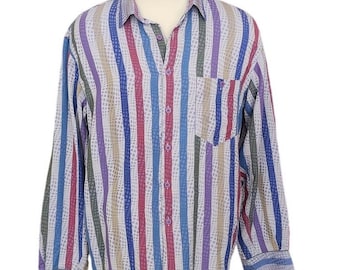 Camisa masculina vintage Missoni listrada multicolorida dos anos 90, manga comprida, tamanho 54 (G).
