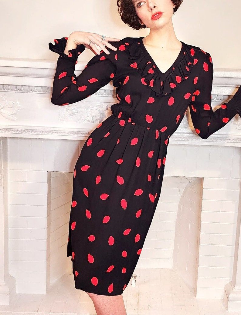 Robe vintage des années 70 Yves Saint Laurent noir rouge imprimé Rive Gauche image 3