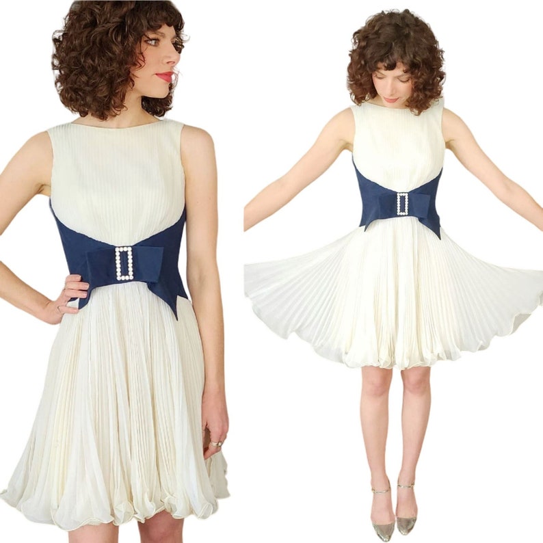 Vintage 60s Miss Elliette Party Dress Pleated Skirt Large Bow Ivory Navy Blue image 1