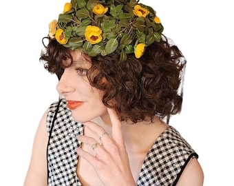 Vintage 50s Yellow Flower Hat Garden Party Beanie