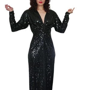 Vintage 80s Black Sequined Evening Dress Oleg Cassini / M