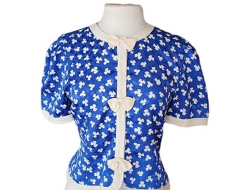 Vintage 80s Graphic Blouse w/Bows Blue & White Petites for Maggy