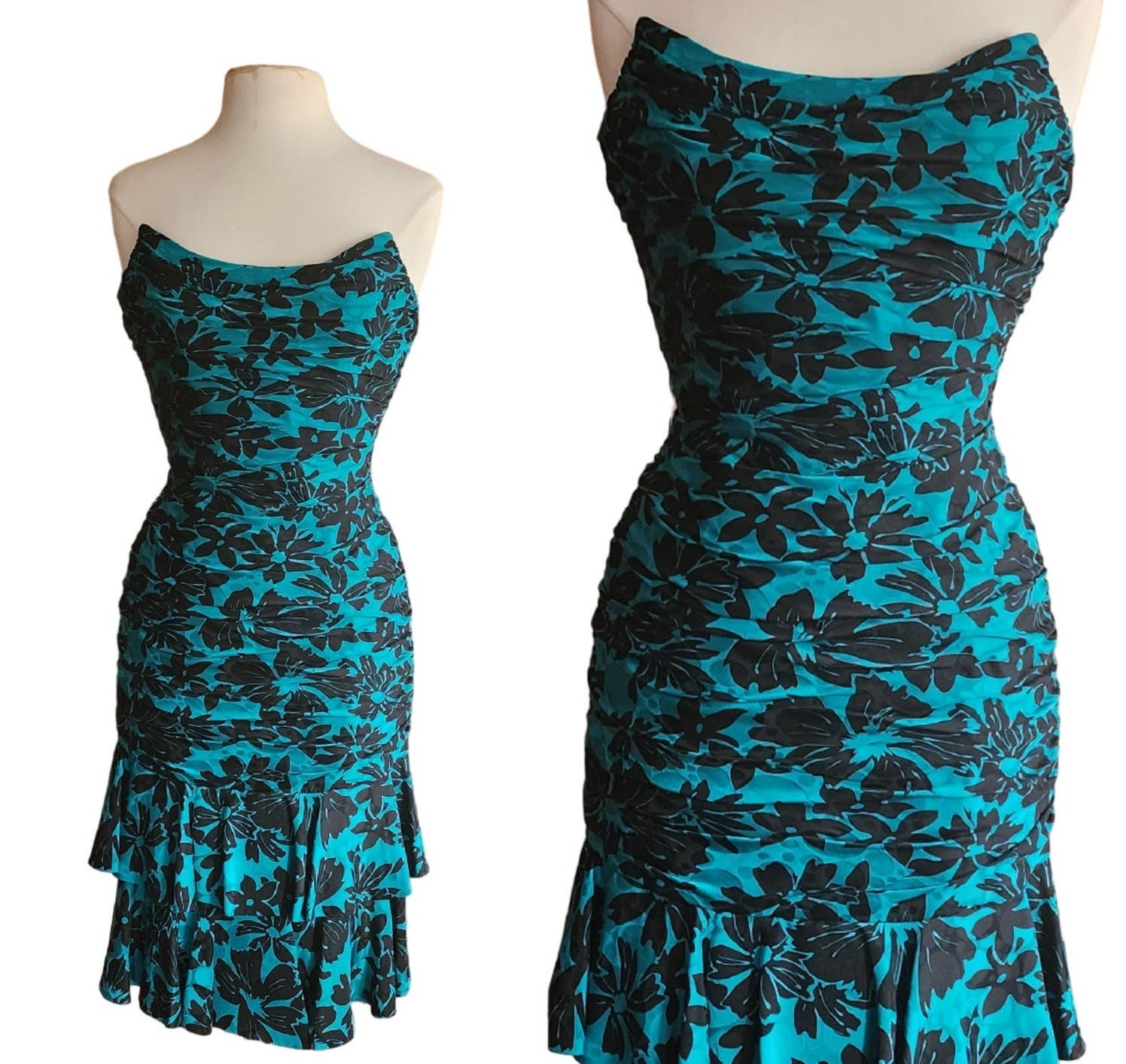 Vintage 80s Strapless Party Dress Teal Black Floral Print 