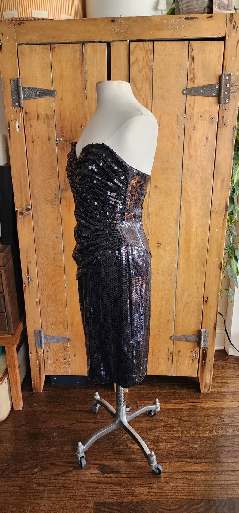 Vintage 80s Tadashi Strapless Dress Black Sequins Ruched Waist image 5