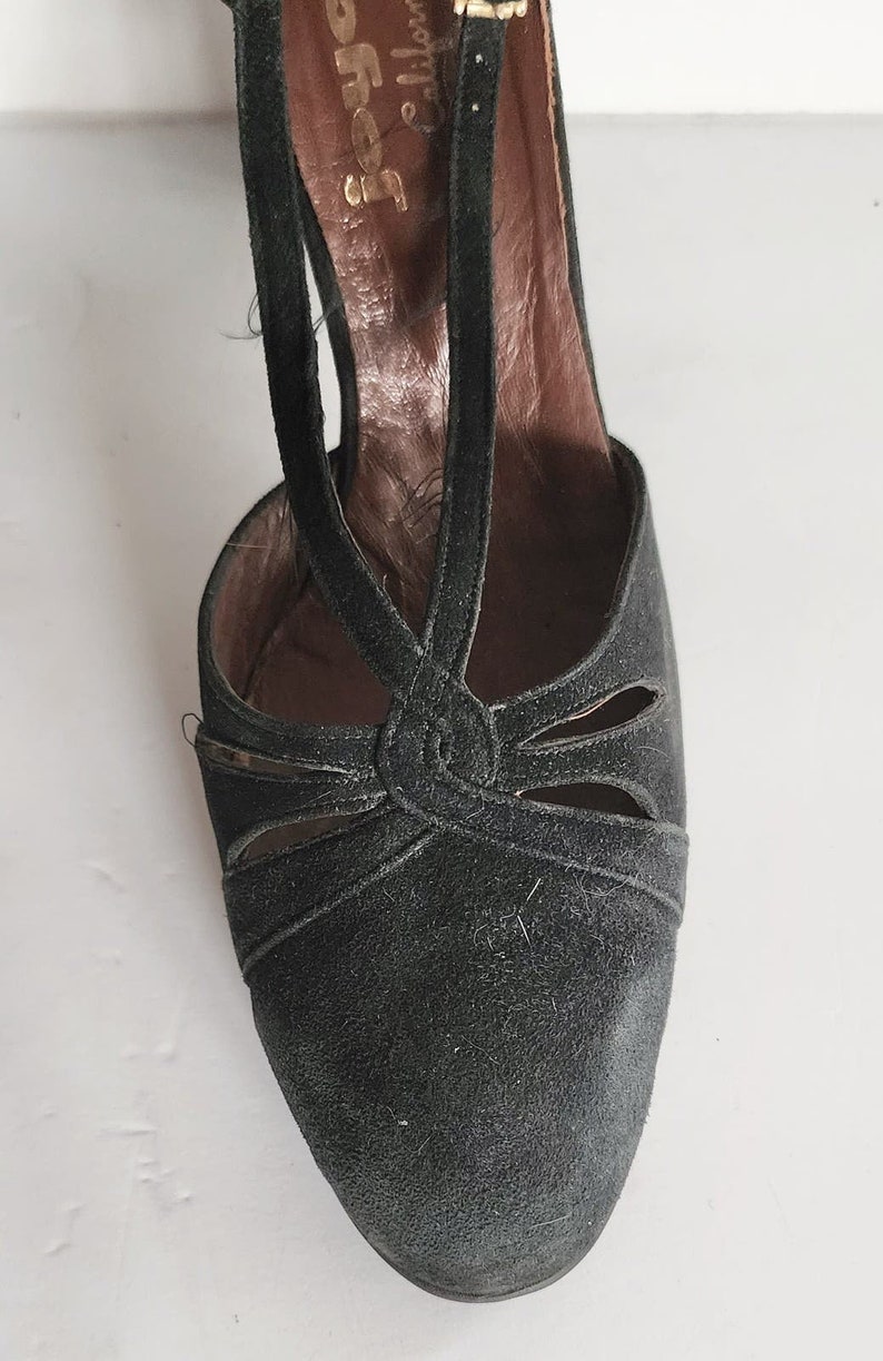 Vintage jaren '50 zwarte schoenen T-bandjes hoge hakken Joyce California maat 11 afbeelding 9
