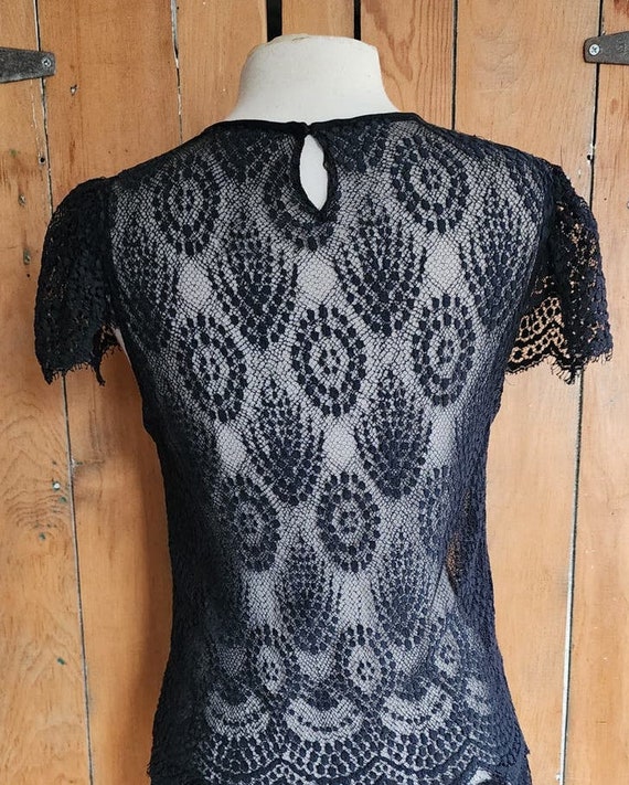 Vintage Black Lace Sheer Dress Drop Waist Short S… - image 9