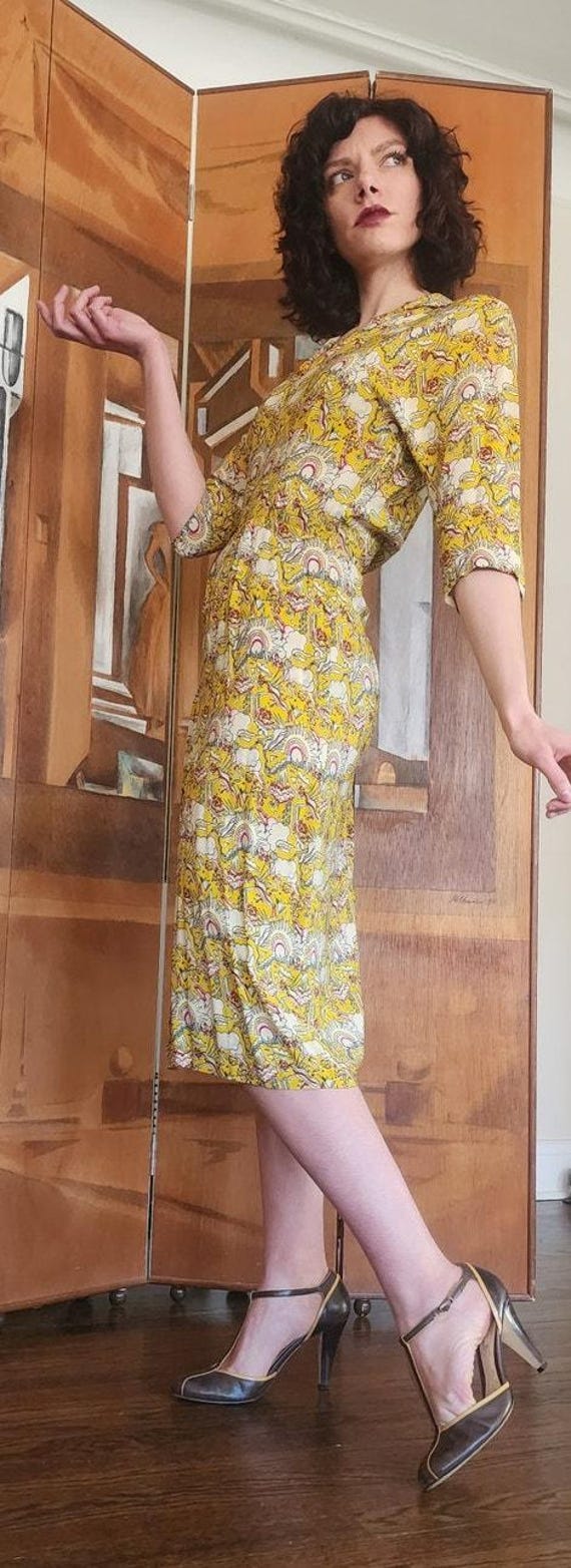 Vintage 40s Yellow Rayon Novelty Print Midi Dress… - image 7
