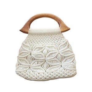 Vintage 70s Macrame Hand Bag Cream White Crochet Purse Wood Handle