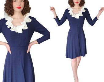 Vintage 60s Navy Blue Dress White Ruffled Collar Marshall Field Elis Porter