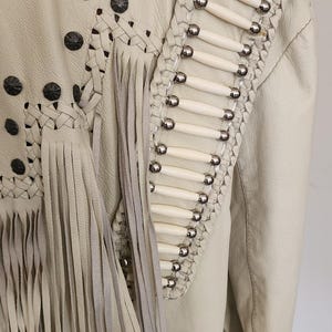 Vintage 80s White Leather Jacket SUNRIDERS Fringe, Studs & Bone Beads XXL image 13