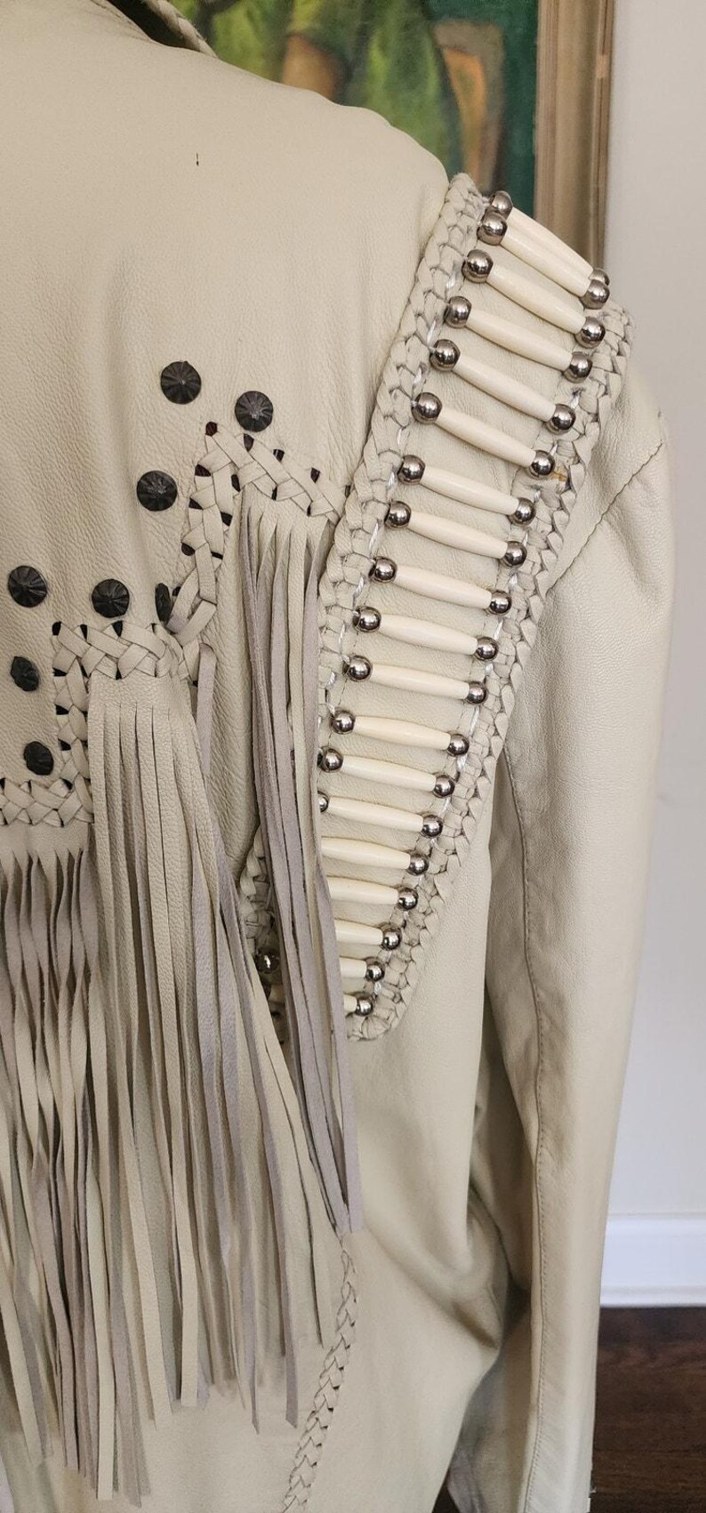 Vintage 80s White Leather Jacket SUNRIDERS Fringe, Studs & Bone Beads XXL image 13