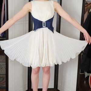 Vintage 60s Miss Elliette Party Dress Pleated Skirt Large Bow Ivory Navy Blue image 4