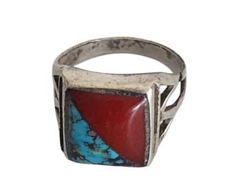 Vintage Navajo-ring heren Native American sterlingzilver turkoois en koraal, maat 10 1/4