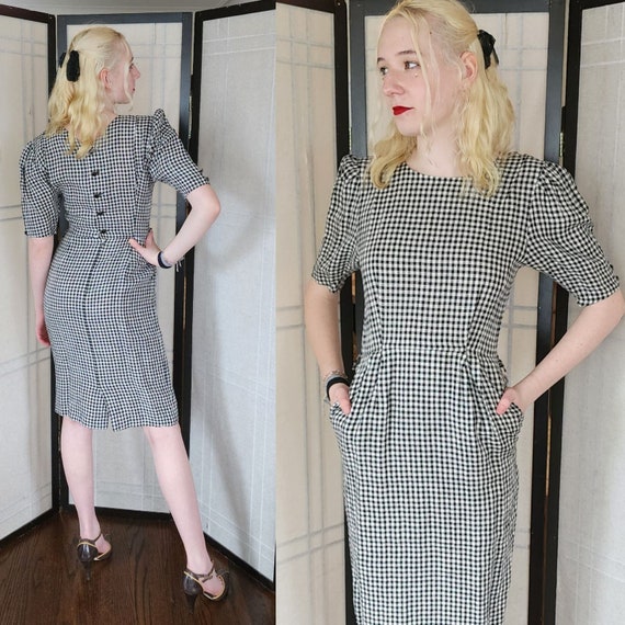 Vintage 80s UNGARO Checked Print Dress Back Butto… - image 1