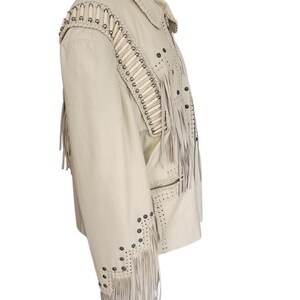Vintage 80s White Leather Jacket SUNRIDERS Fringe, Studs & Bone Beads XXL image 3